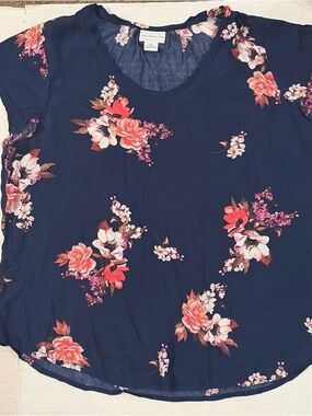 Liz Claiborne Navy Floral V-Neck Short Sleeve Blouse